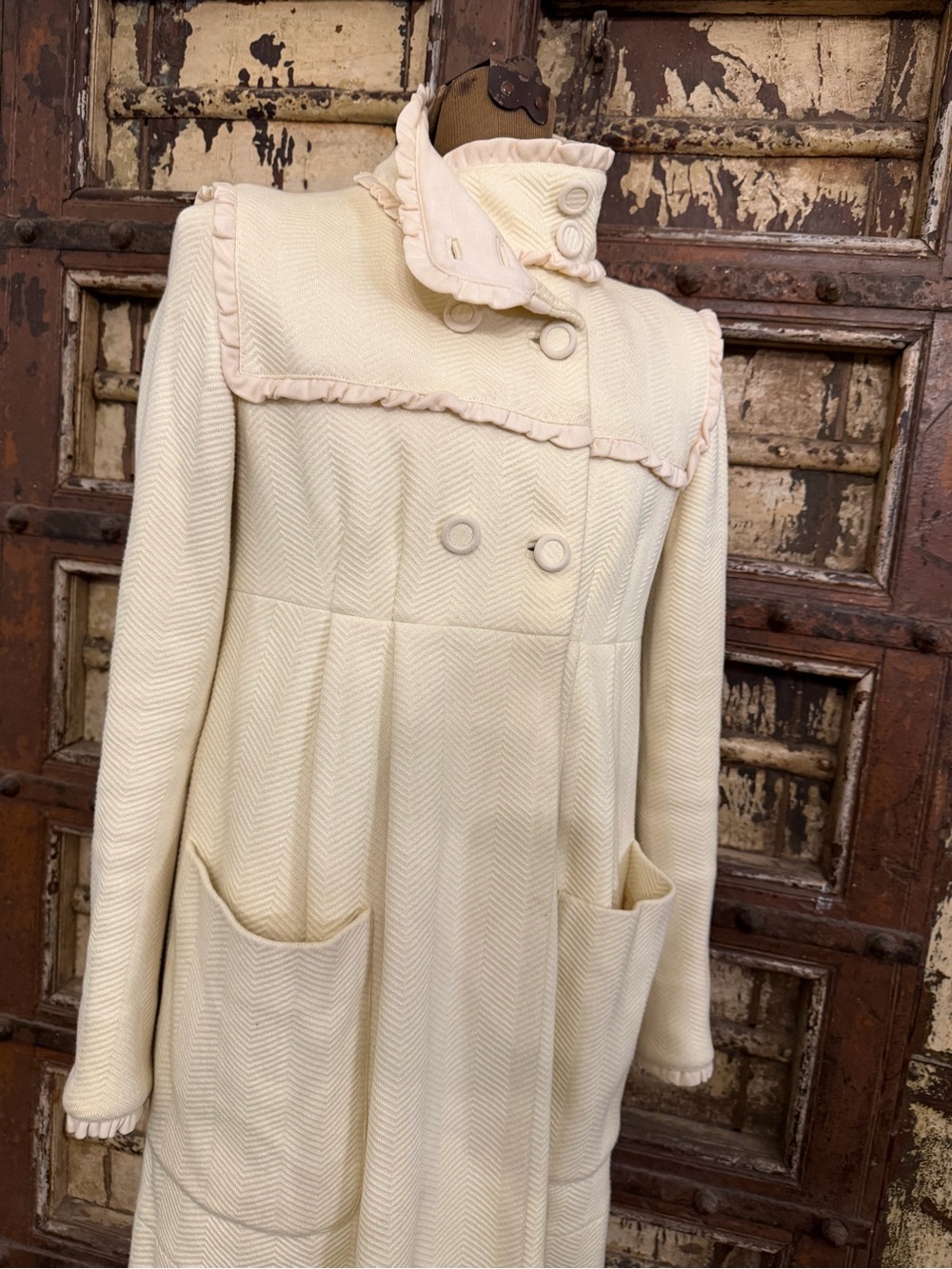 Diane Von Furstenberg SIMONE Cream Double-Breasted Ruffle-Trim Trench Coat 10